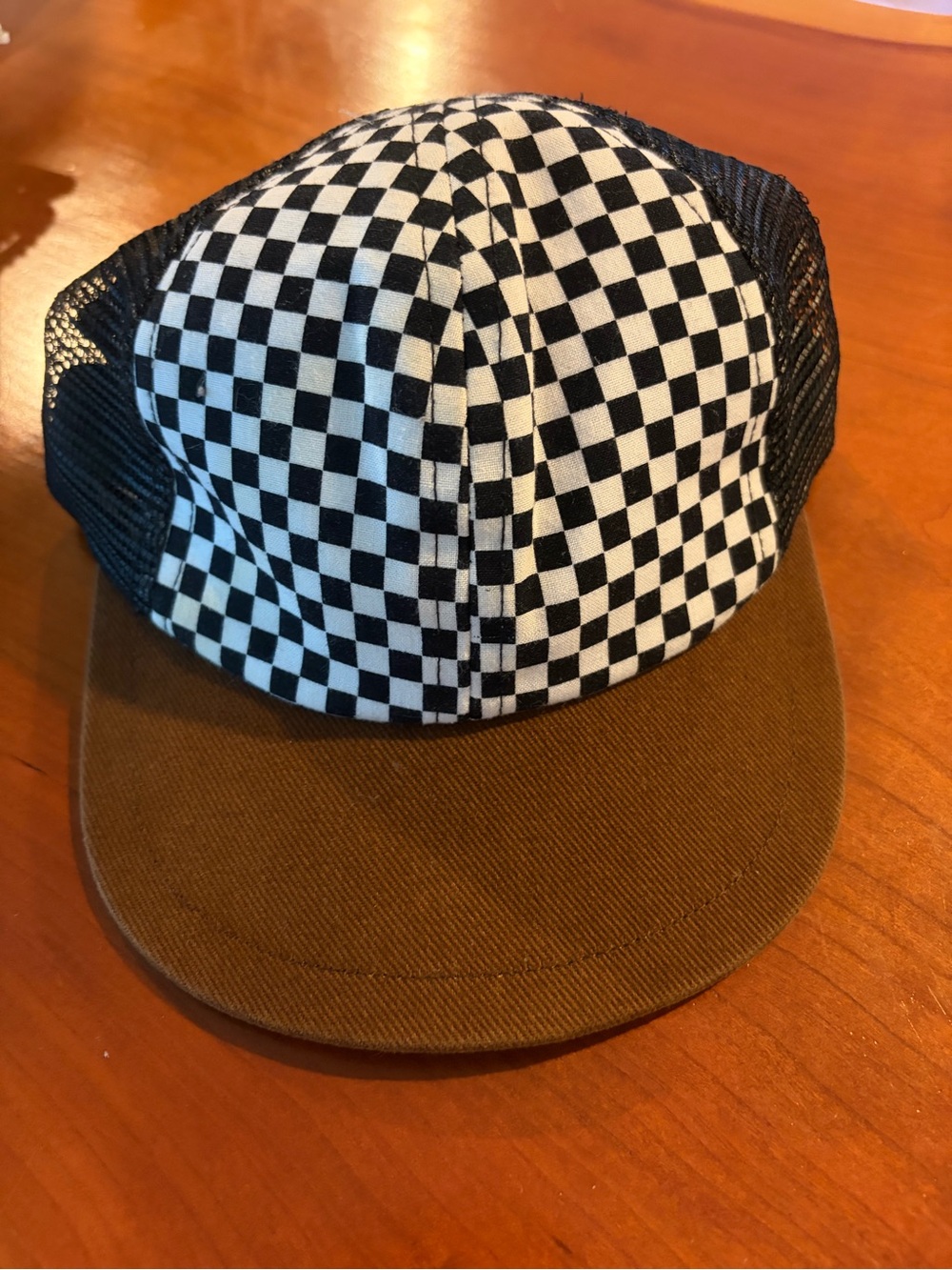 Kids Checkerboard Trucker Hat with Brown Brim